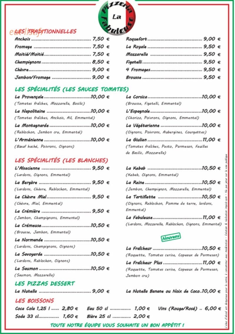 Pizzeria la Fabuleuse — carte page 2