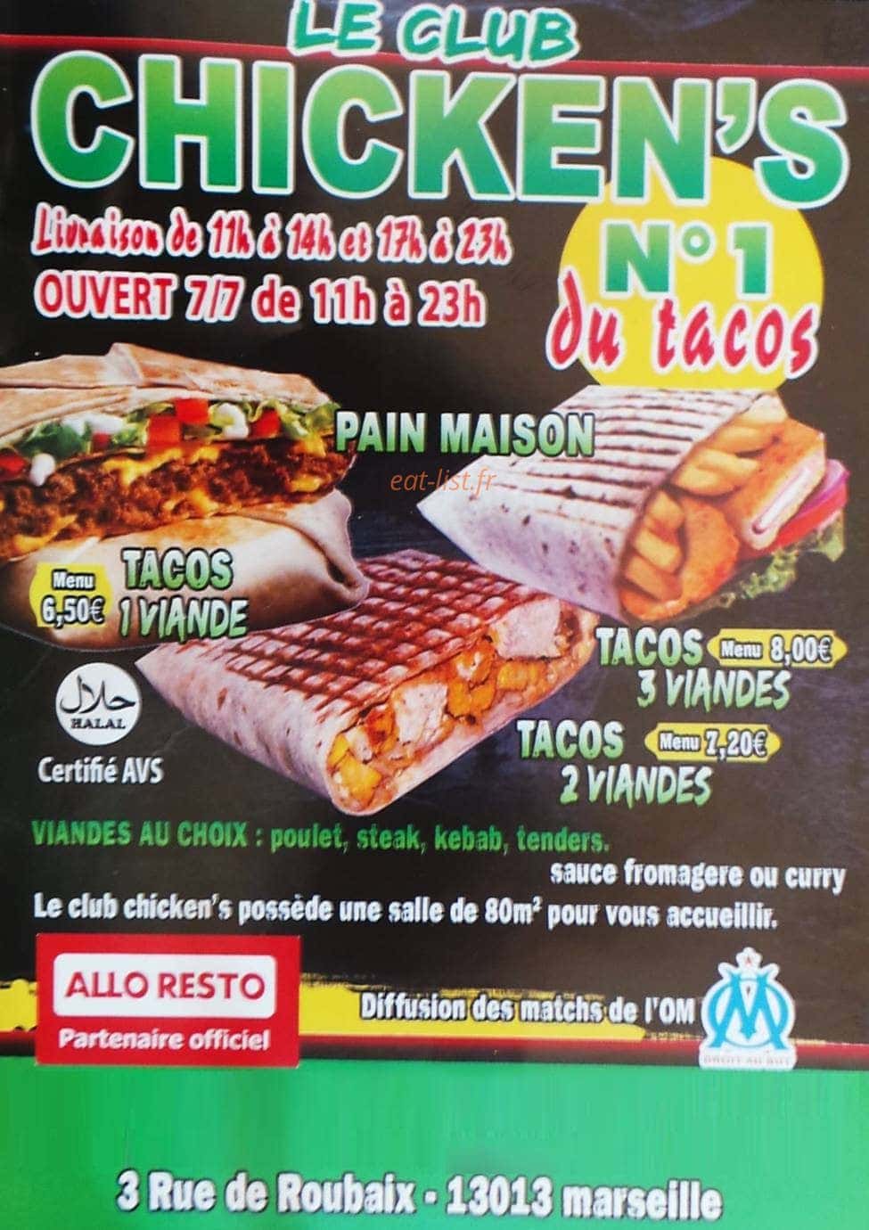 Le club chicken's — carte page 1