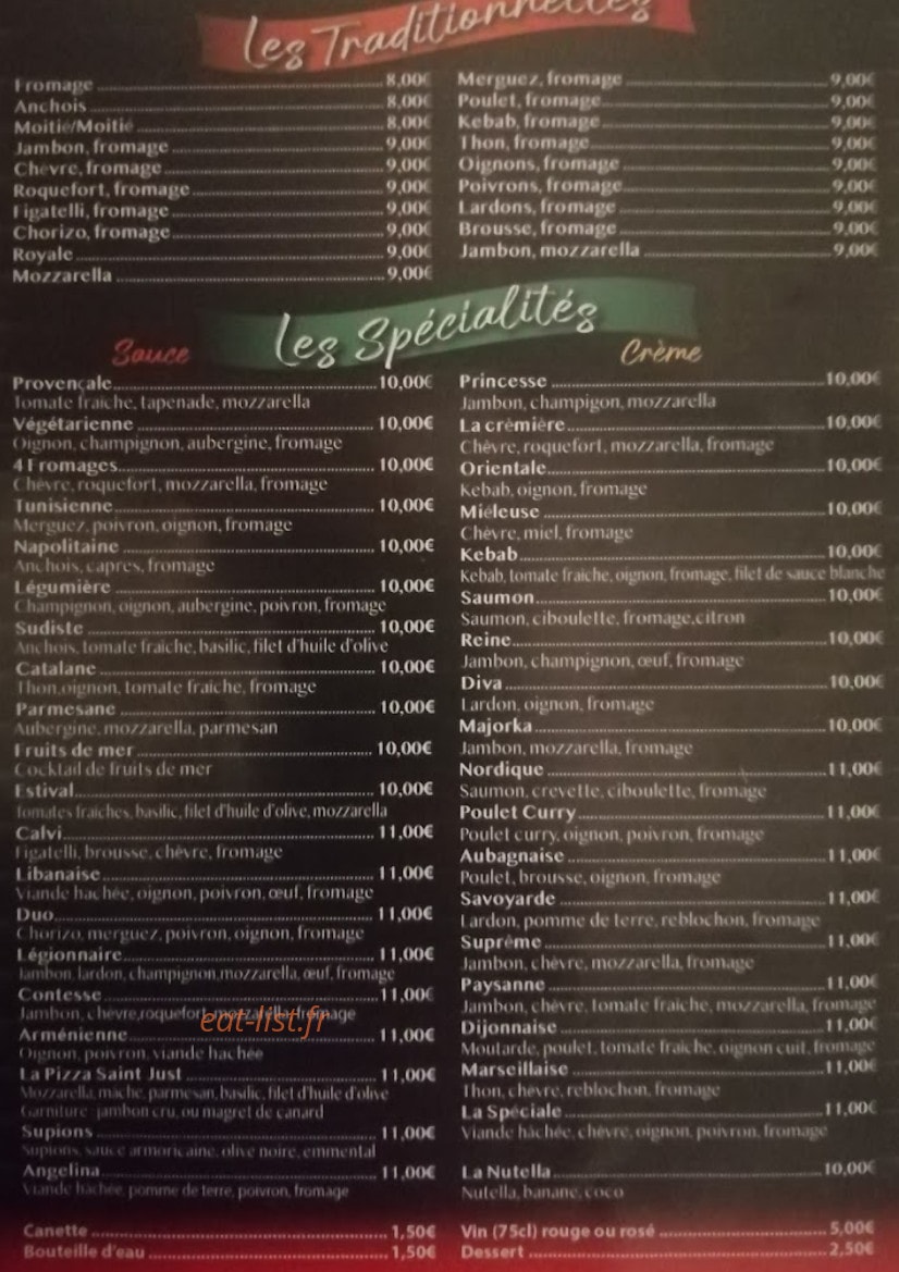 Saint Just Pizza — carte page 1