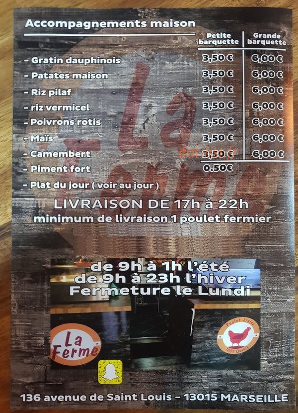 Carte et menu de La Ferme Rôtisserie à Marseille 15 — Les accompagnements