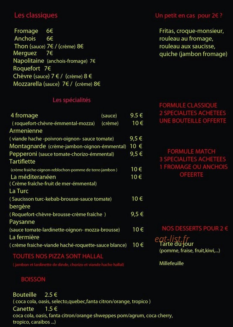 Carte et menu de Le Fournil De Saint Louis à Marseille 15 — Les pizzas, desserts et boissons