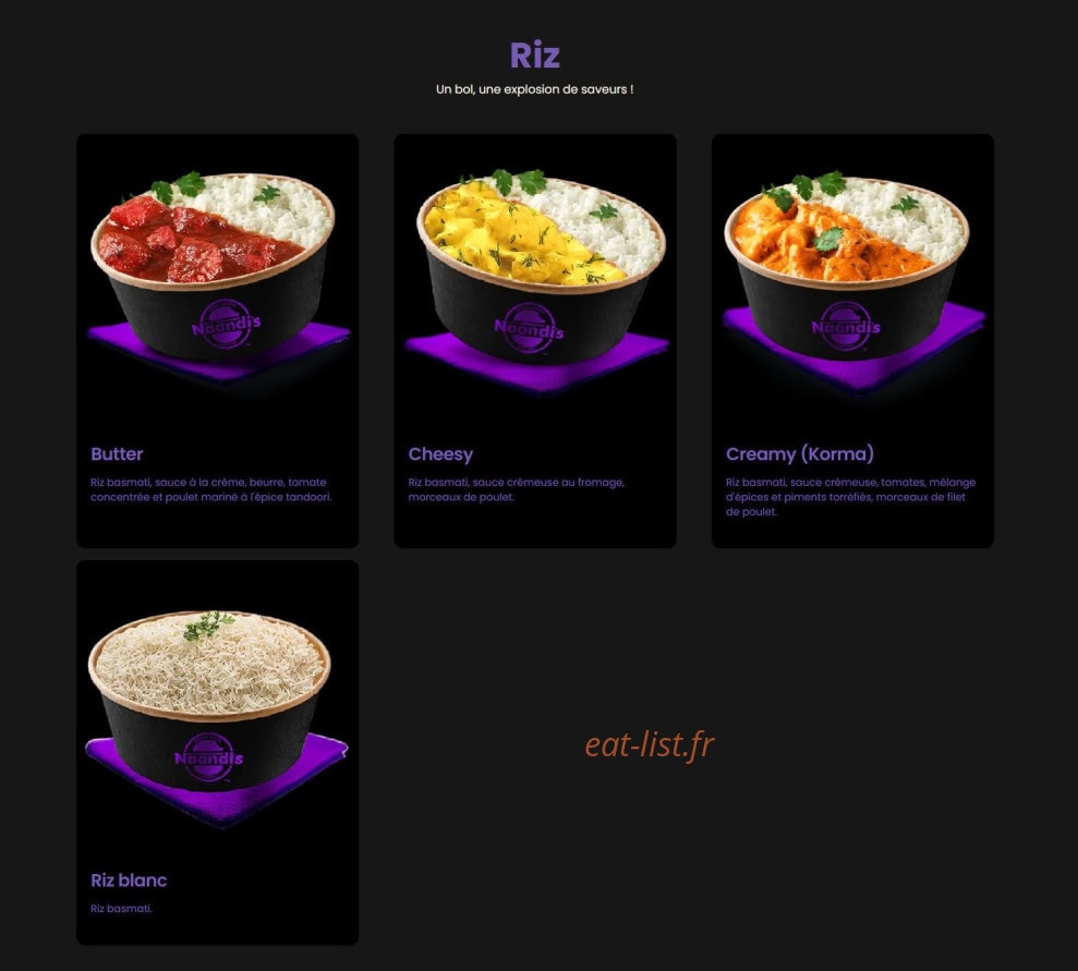 Carte et menu de Naandi’s à Marseille 15 — Riz