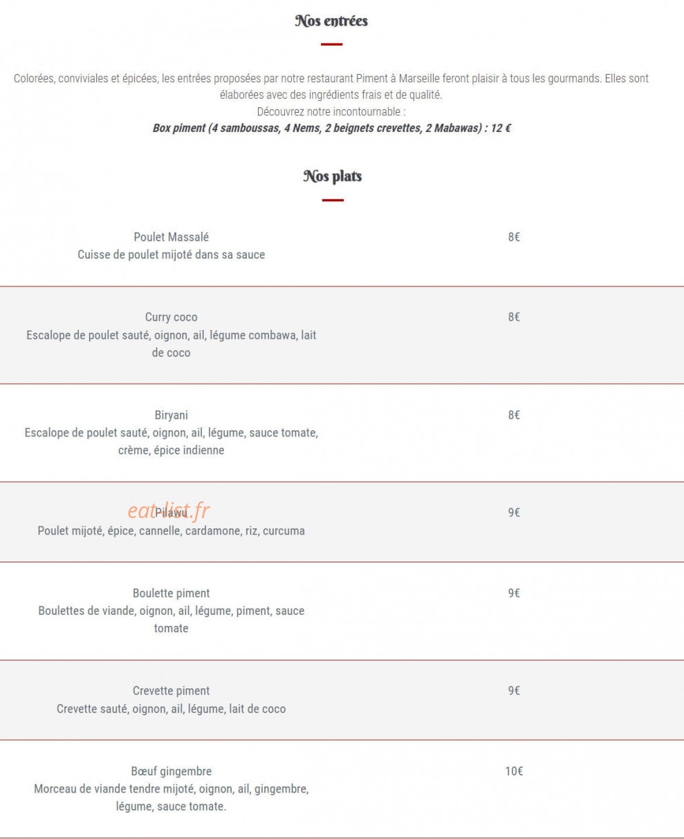 Restaurant Piment — carte page 1