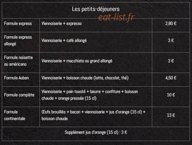 Auben Café — carte page 1