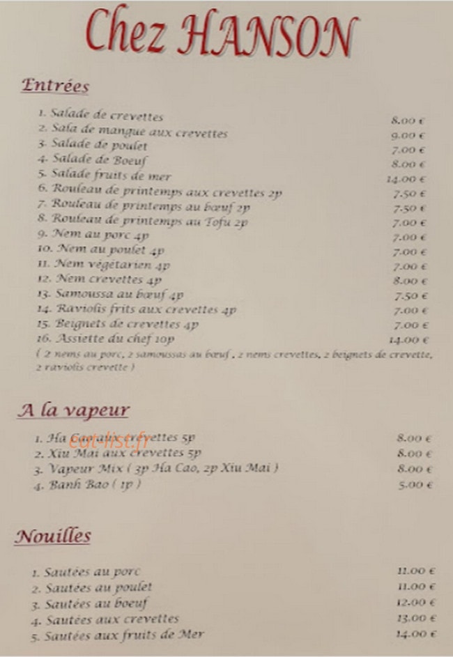 Chez Hanson — carte page 1