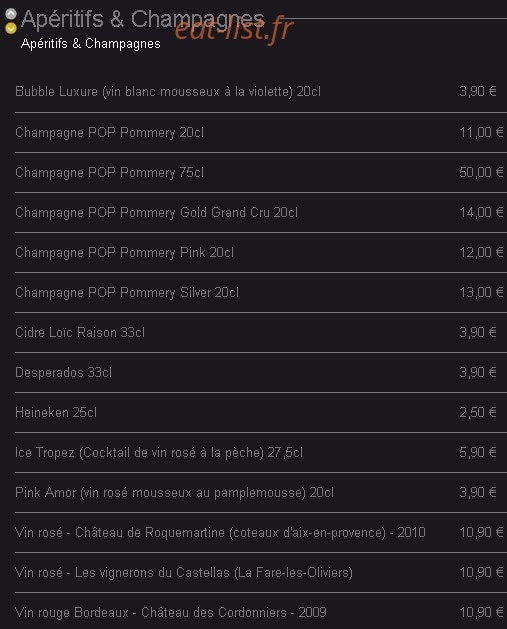 Carte et menu de Gan's Fashion Food à Aix-en-Provence — Les aperitifs et champagnes