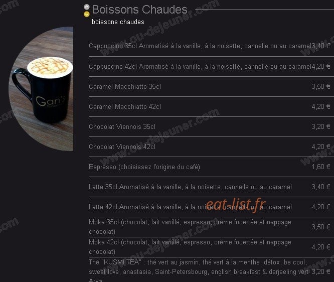 Carte et menu de Gan's Fashion Food à Aix-en-Provence — Les boissons chaudes