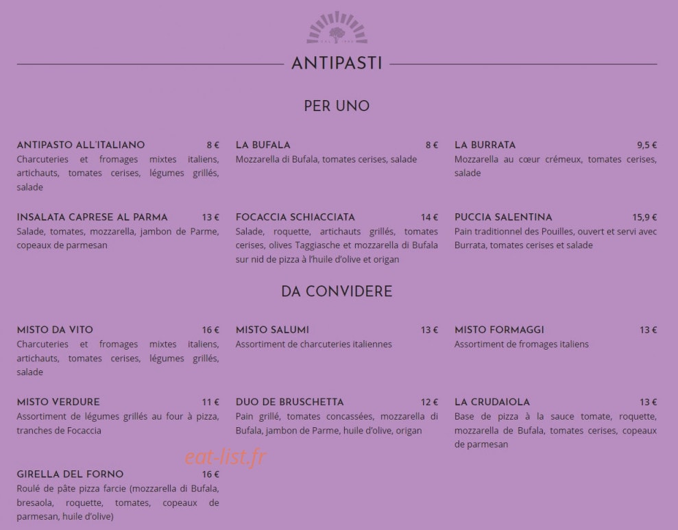 Carte et menu de Il Forno Da Vito à Aix-en-Provence — Les antipasti