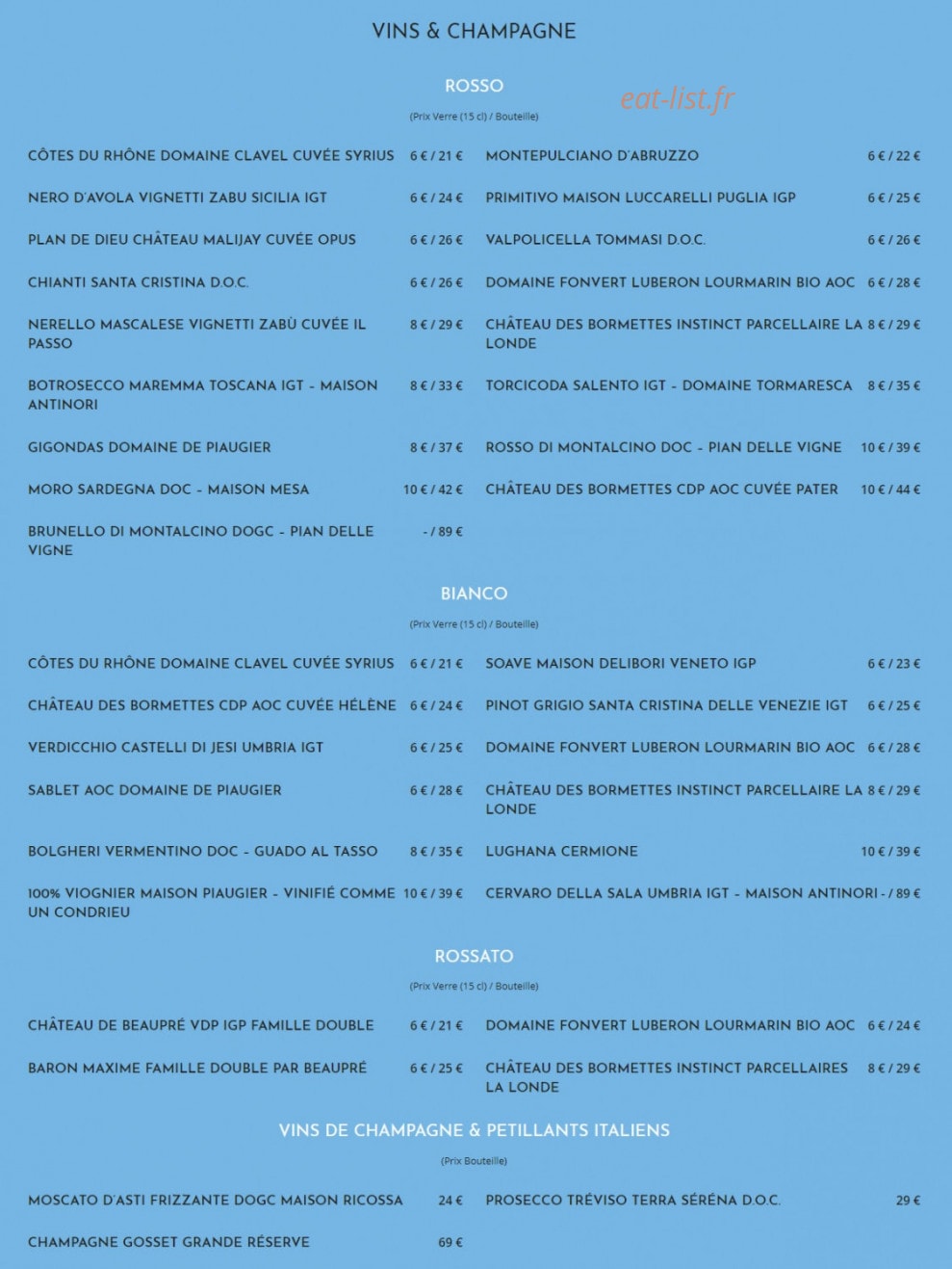 Carte et menu de Il Forno Da Vito à Aix-en-Provence — Les boissons
