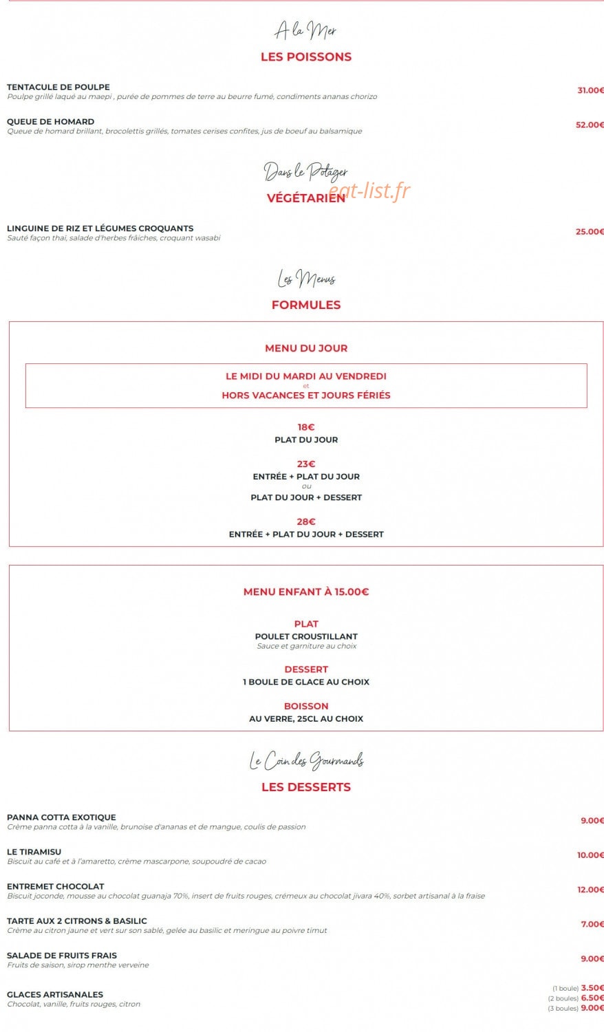 Carte et menu de La Flamme d’Aix à Aix-en-Provence — Les poissons, végétarien et desserts, ...