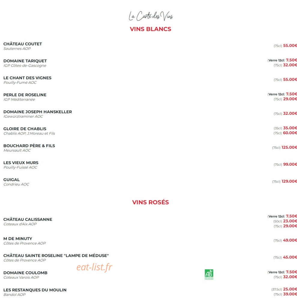 Carte et menu de La Flamme d’Aix à Aix-en-Provence — Les vins blancs et vins rosés