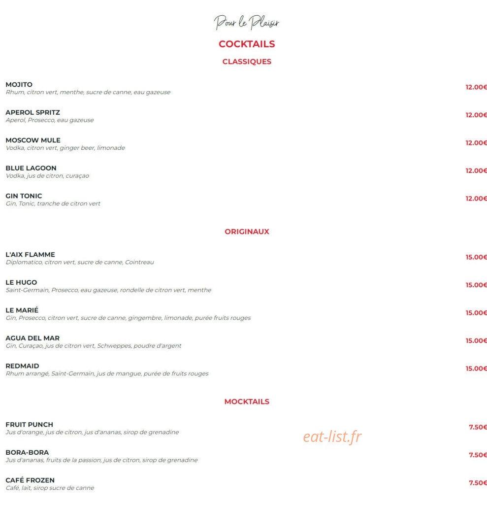 Carte et menu de La Flamme d’Aix à Aix-en-Provence — Les cocktails et mocktails