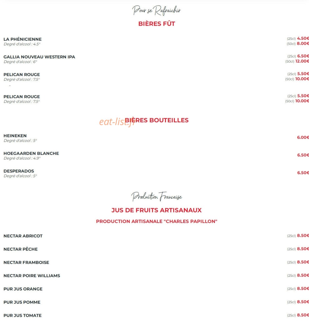 Carte et menu de La Flamme d’Aix à Aix-en-Provence — Les bières et jus de fruits