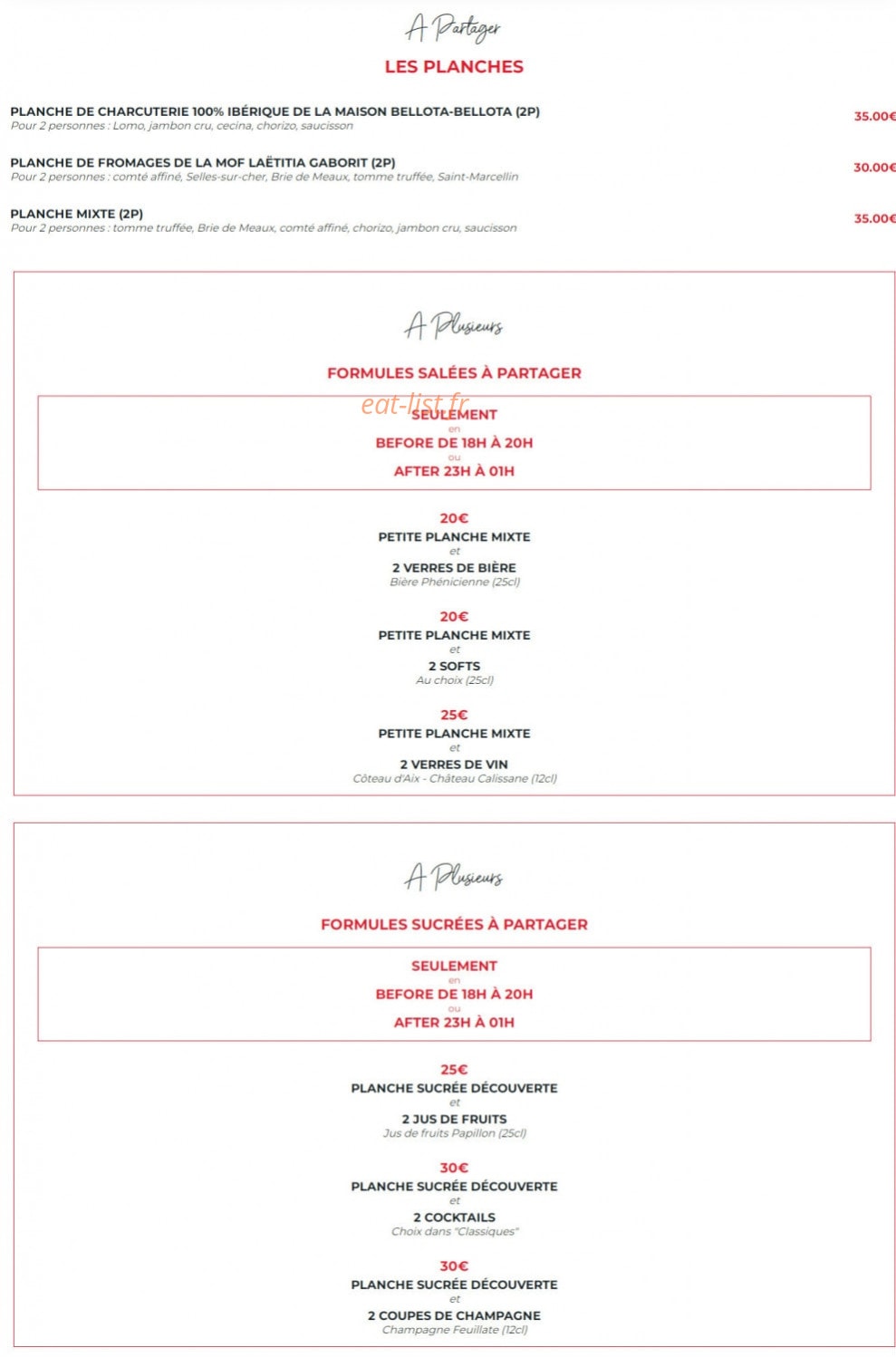 Carte et menu de La Flamme d’Aix à Aix-en-Provence — Les planches et formules