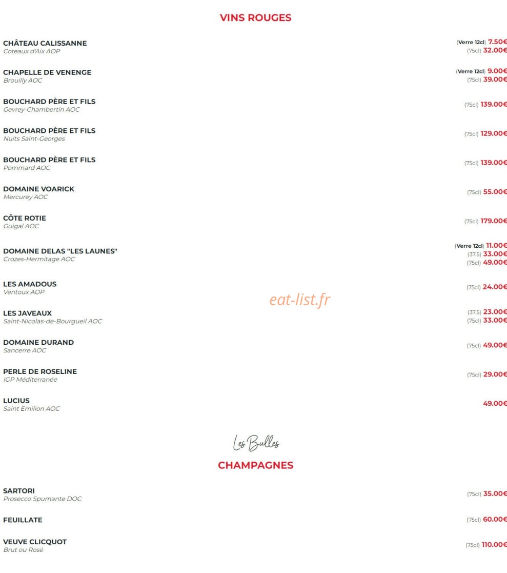 Carte et menu de La Flamme d’Aix à Aix-en-Provence — Les vins rouges et champagnes