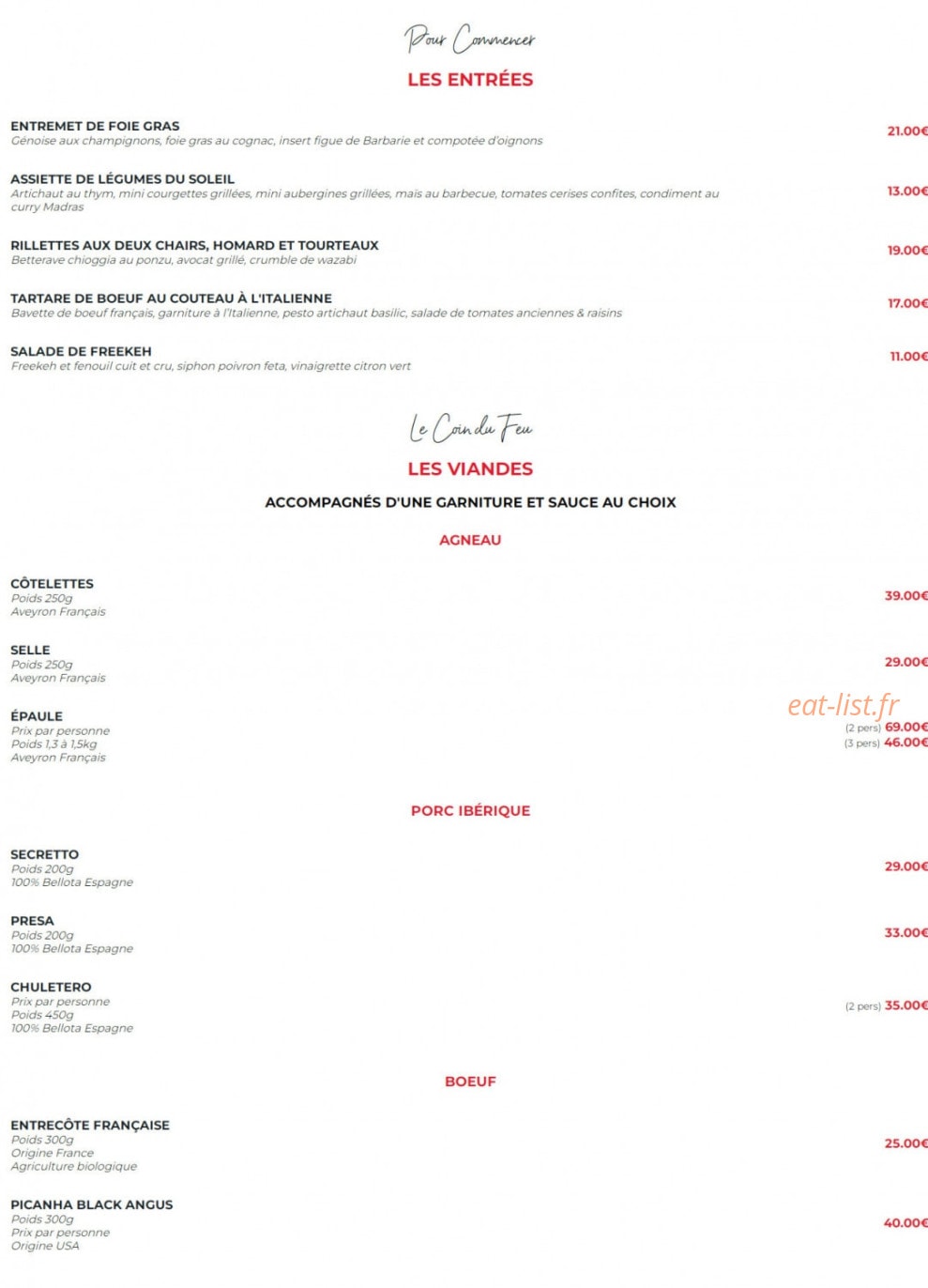 Carte et menu de La Flamme d’Aix à Aix-en-Provence — Les entrées et viandes