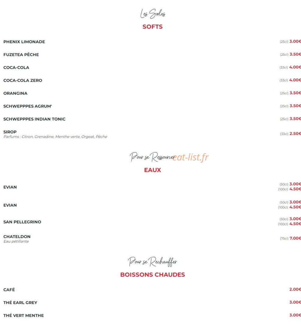 Carte et menu de La Flamme d’Aix à Aix-en-Provence — Les softs, eaux et boissons chaudes