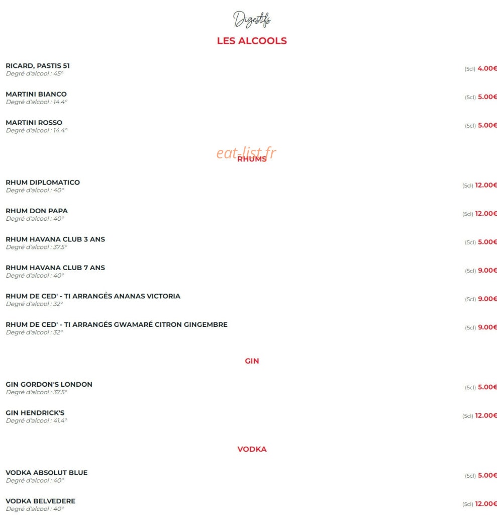 Carte et menu de La Flamme d’Aix à Aix-en-Provence — Les alcools
