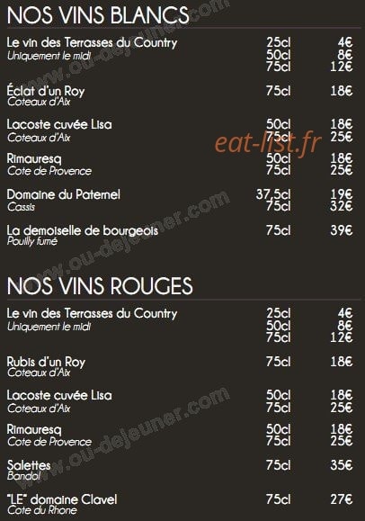 Carte et menu de Les Terrasses du Country Club à Aix-en-Provence — Les vins blancs et vins rouges