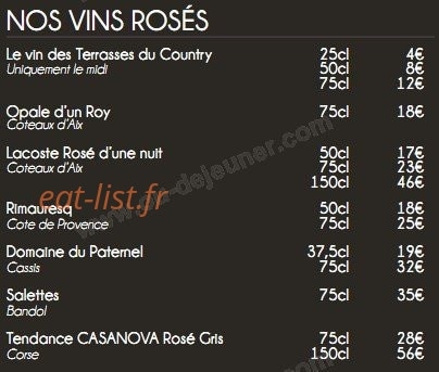 Carte et menu de Les Terrasses du Country Club à Aix-en-Provence — Les vins rosés