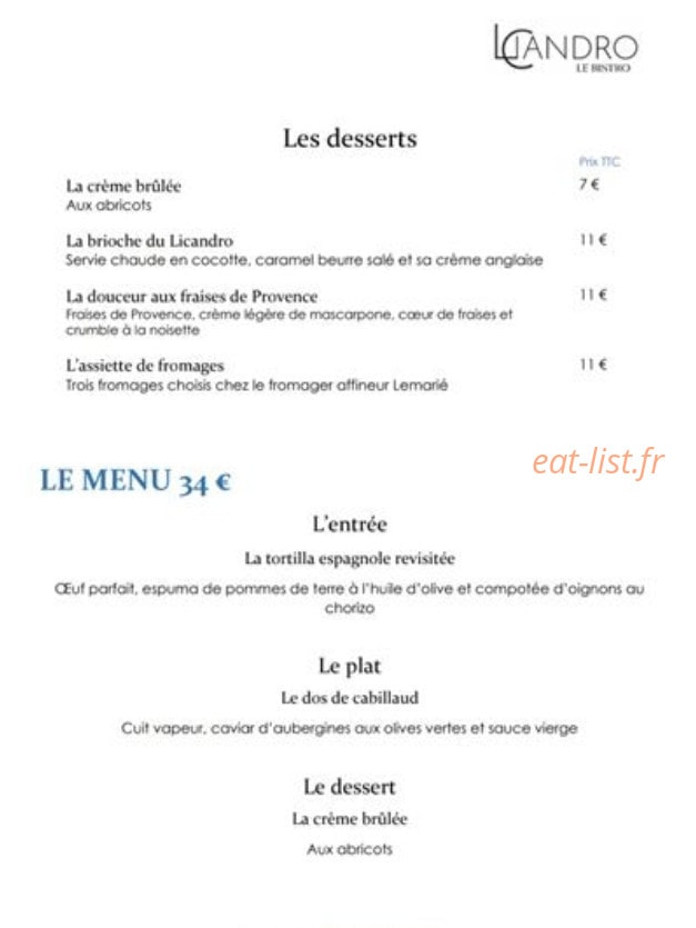 Licandro Le Bistro — carte page 2