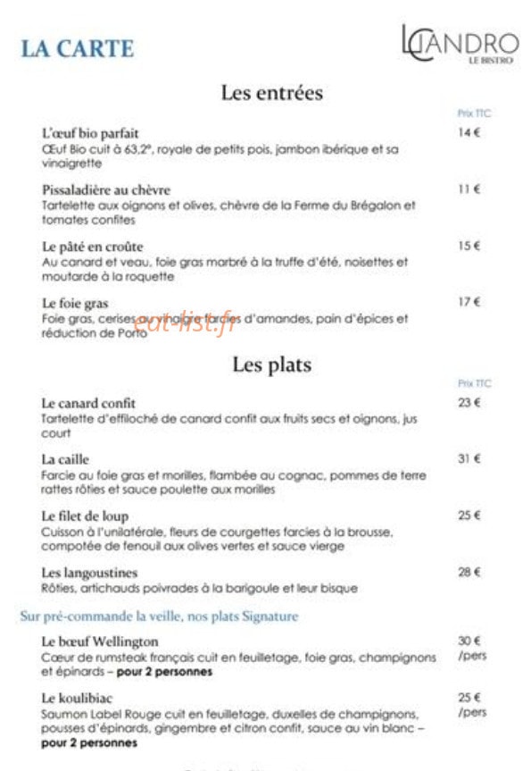 Licandro Le Bistro — carte page 1