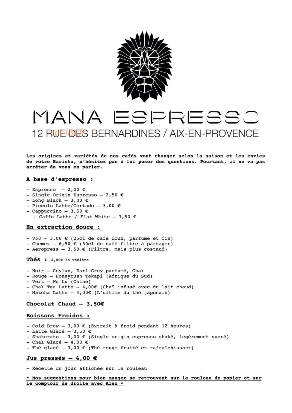 Mana espresso — carte page 1