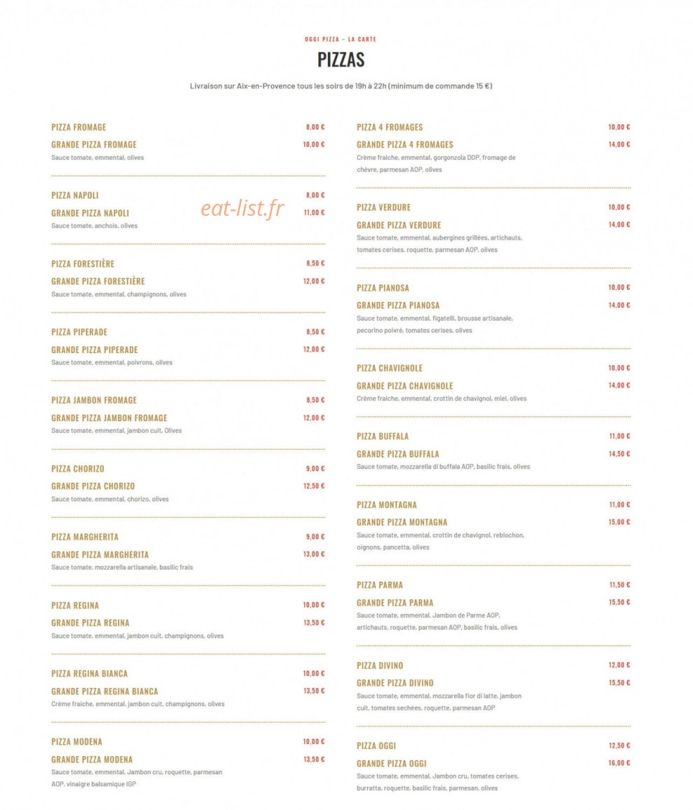 Oggi Pizza — carte page 1