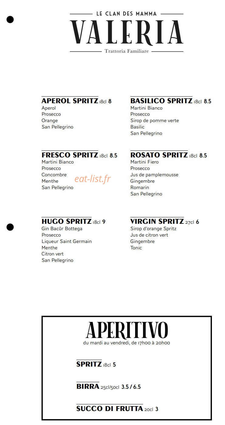Carte et menu de Valeria – Le Clan des Mamma à Aix-en-Provence — page 1