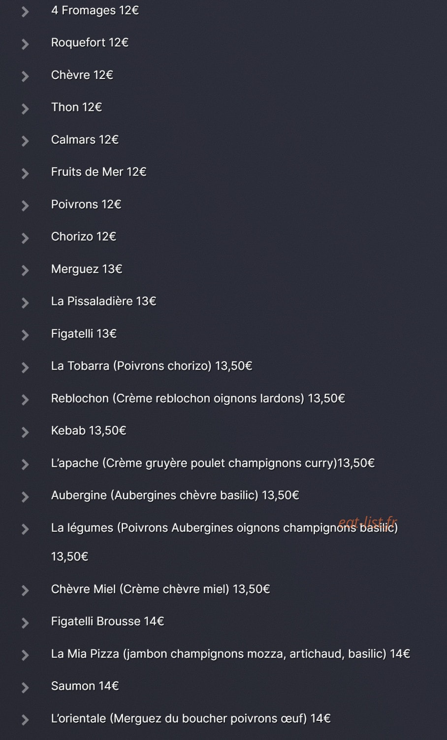 Mia Pizza — carte page 2
