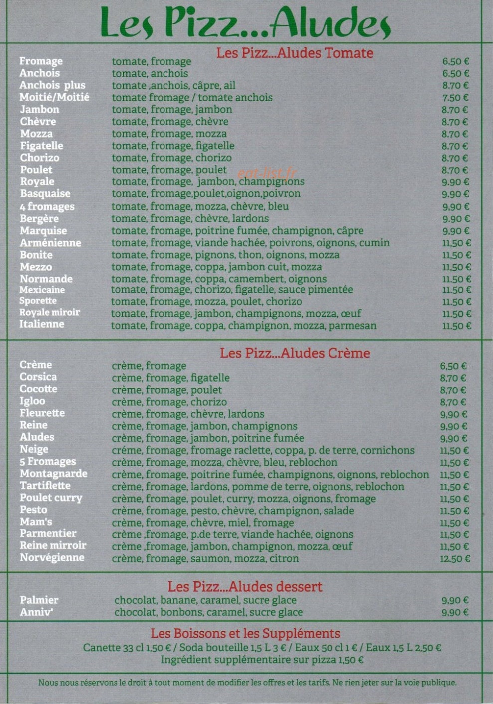 Pizz Aludes — carte page 1
