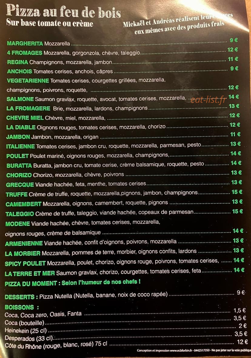 La pizza de l'Atelier — carte page 1
