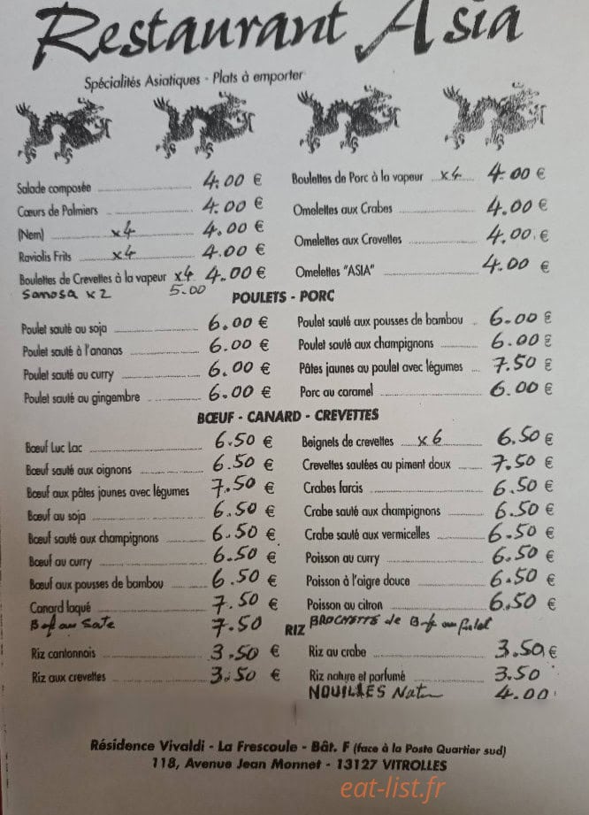 Restaurant Asia — carte page 1