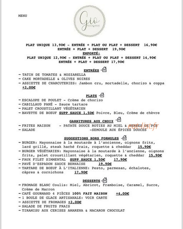 Gio Restaurant — carte page 1