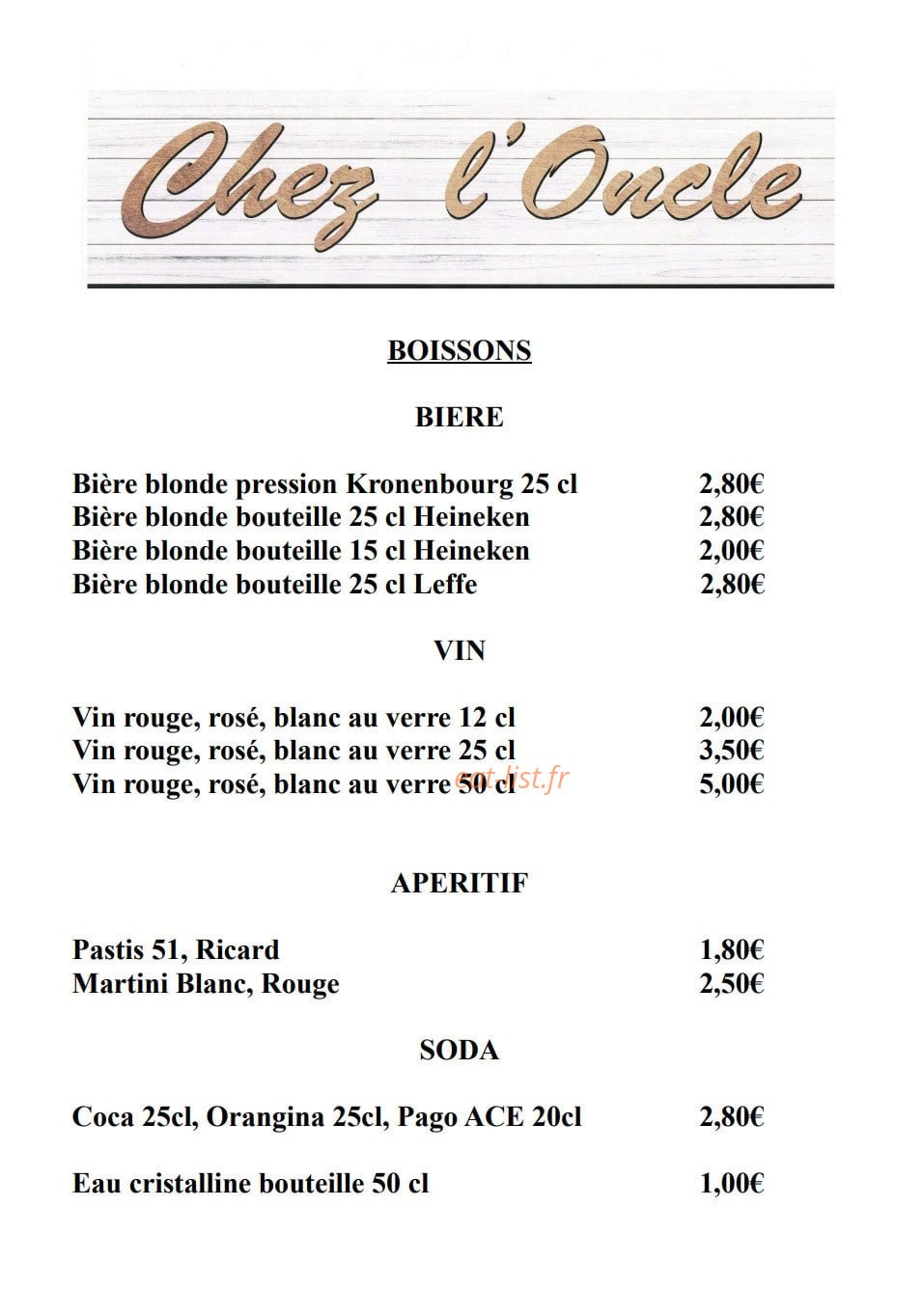 Carte et menu de Chez l'Oncle à Les Pennes Mirabeau — Les boissons
