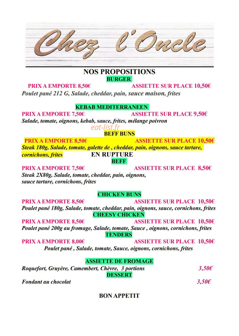 Carte et menu de Chez l'Oncle à Les Pennes Mirabeau — Les propositions