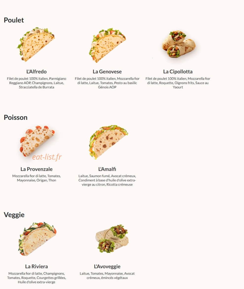 Carte et menu de La Piadineria à Les Pennes Mirabeau — Poulet, Poisson, Veggie
