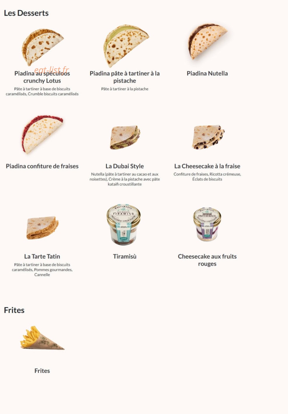 Carte et menu de La Piadineria à Les Pennes Mirabeau — Les Desserts, Frites