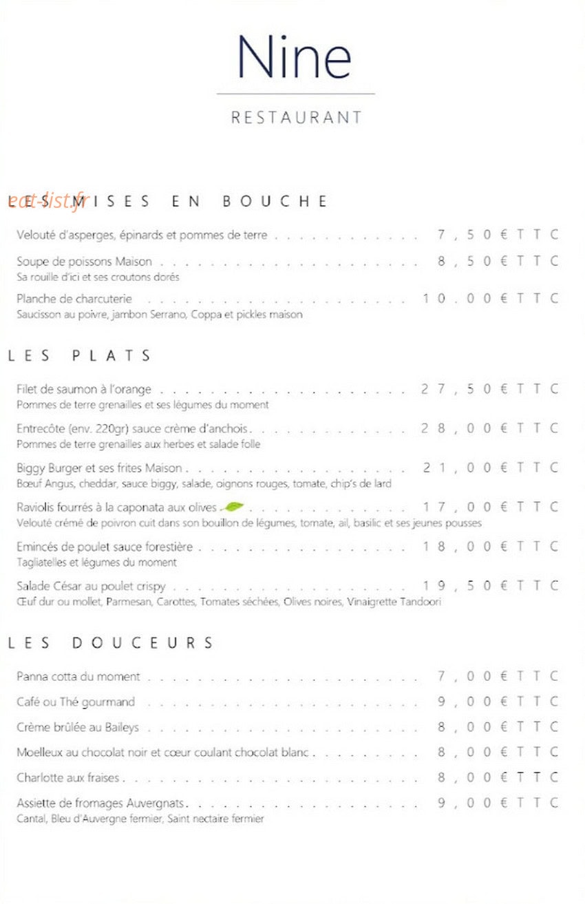 Restaurant Nine — carte page 1