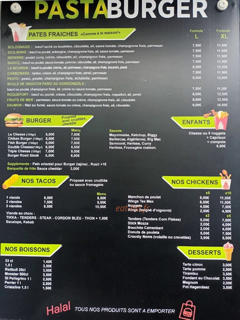 Pasta Burger — carte page 1