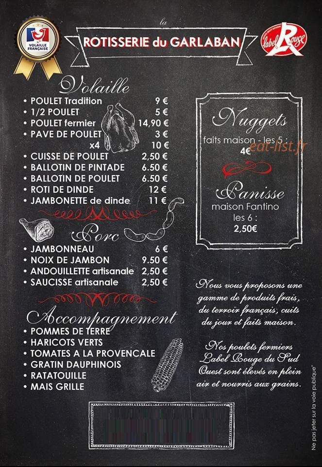 Carte et menu de Rôtisserie du Garlaban à Allauch — Volailles, porc, accompagnements,....