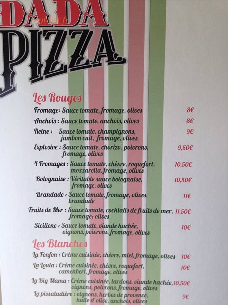 Dada pizza — carte page 1