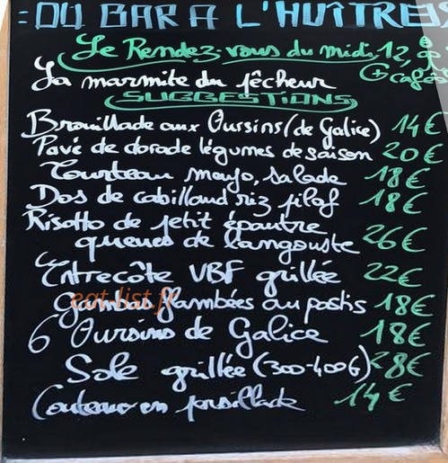 Carte et menu de Du Bar à l'huître à Arles — Les suggestions