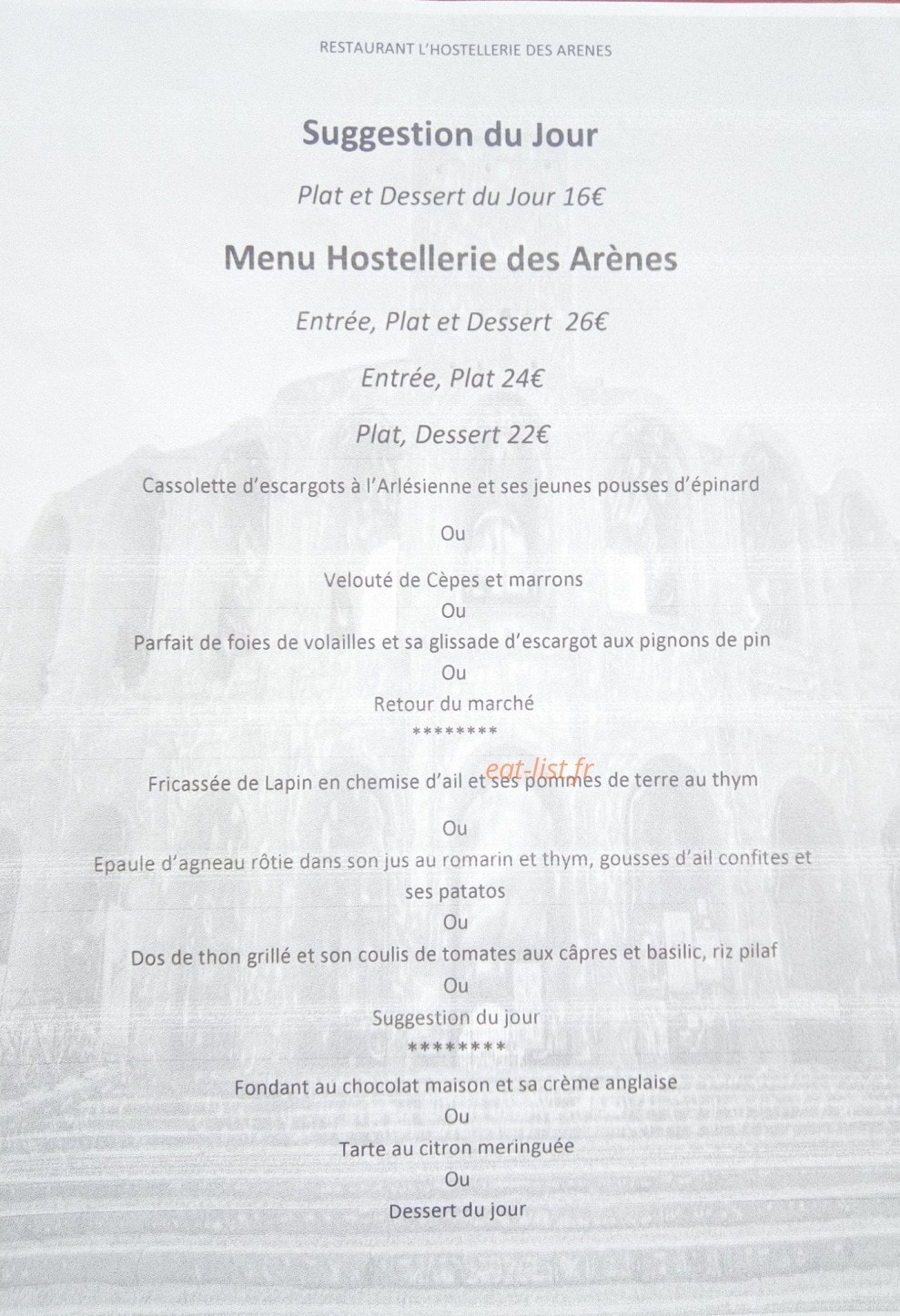 L'Hostellerie des Arènes — carte page 1
