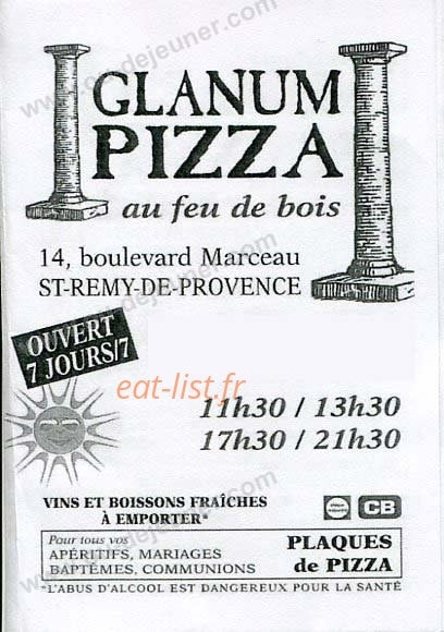 Glanum Pizza — carte page 1