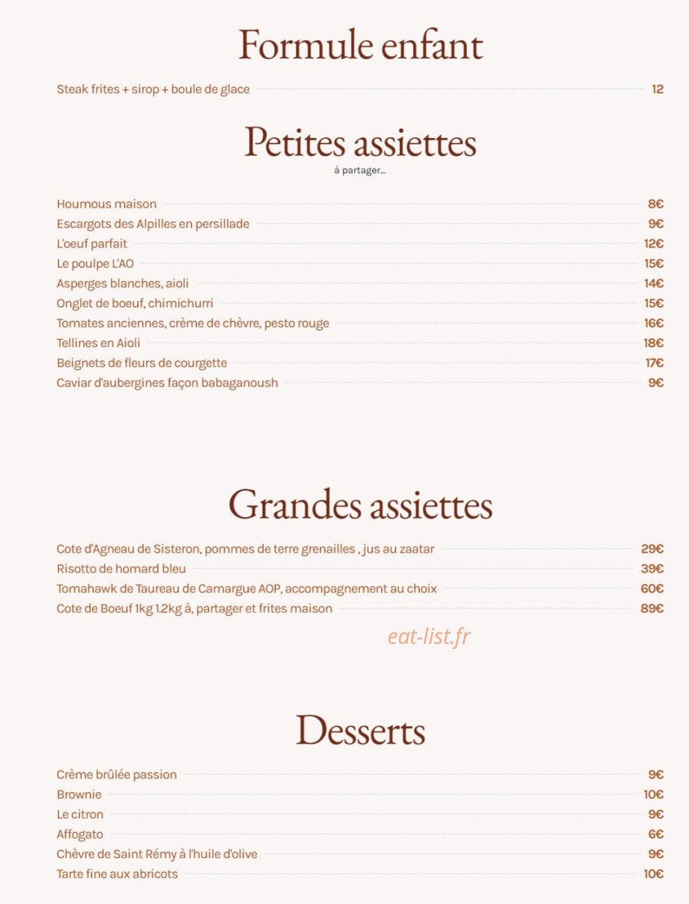 L'AO Restaurant — carte page 1