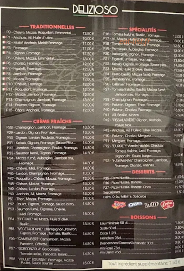 Carte et menu de Pizza Delizioso à Chateauneuf les Martigues — Les pizzas, desserts et boissons