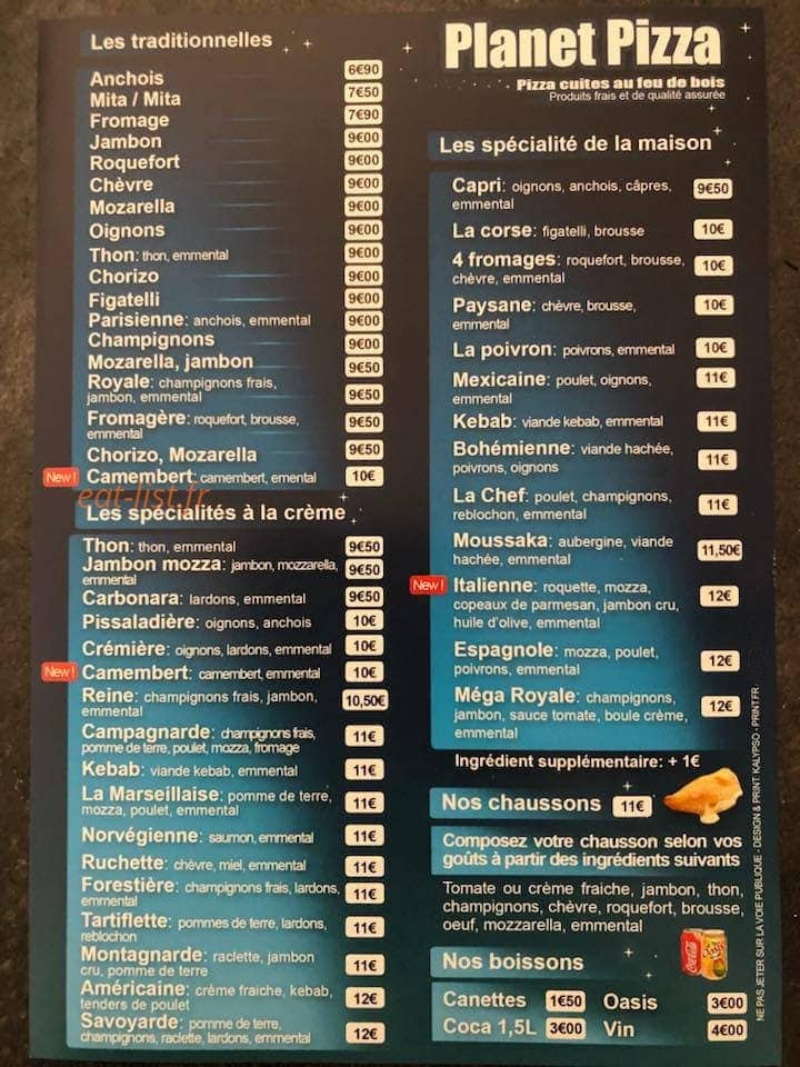 Planet Pizza — carte page 2
