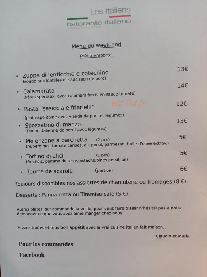 Carte et menu de Les italiens à Port Saint Louis du Rhone — Un exemple de menu du week