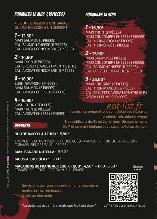 Carte et menu de Sushi by Twill à Port Saint Louis du Rhone — Les formules, desserts